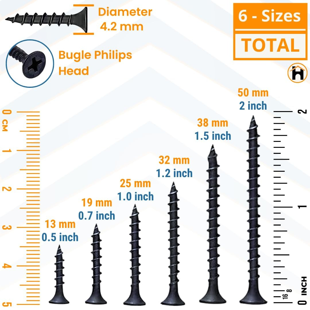 HOMDUM Assorted Black Dry Wall Screws 6 Sizes (13 mm to 50 mm) with PH2 Bit – Pack of 451 Pieces