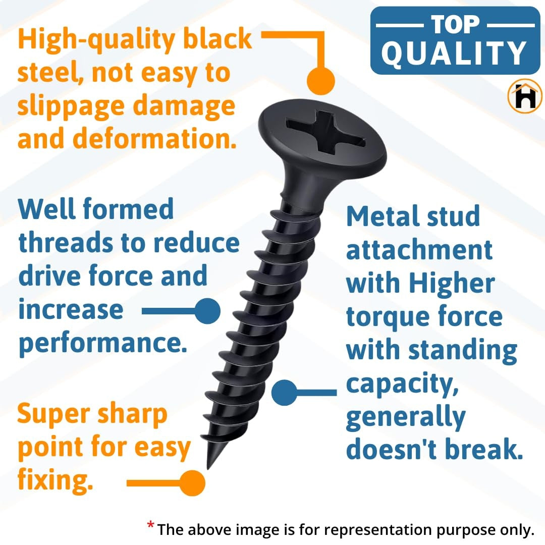 HOMDUM Assorted Black Dry Wall Screws 6 Sizes (13 mm to 50 mm) with PH2 Bit – Pack of 451 Pieces