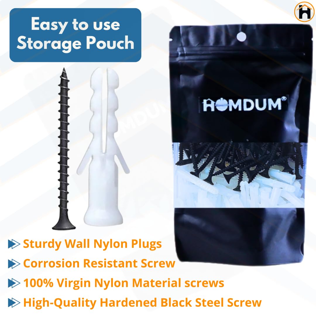 HOMDUM Nylon Plug with Screws 2 Inch (50 mm) Pack of 60 – Wall Fixing Fasteners with Plastic Sleeves & Drywall Screws