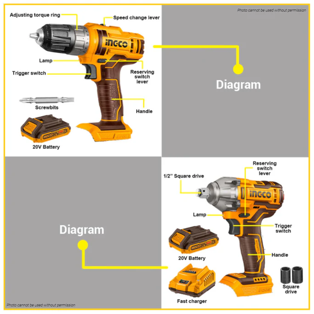 COSLI230702 INGCO CORDLESS IMPACT WRENCH AND IMPACT DRILL