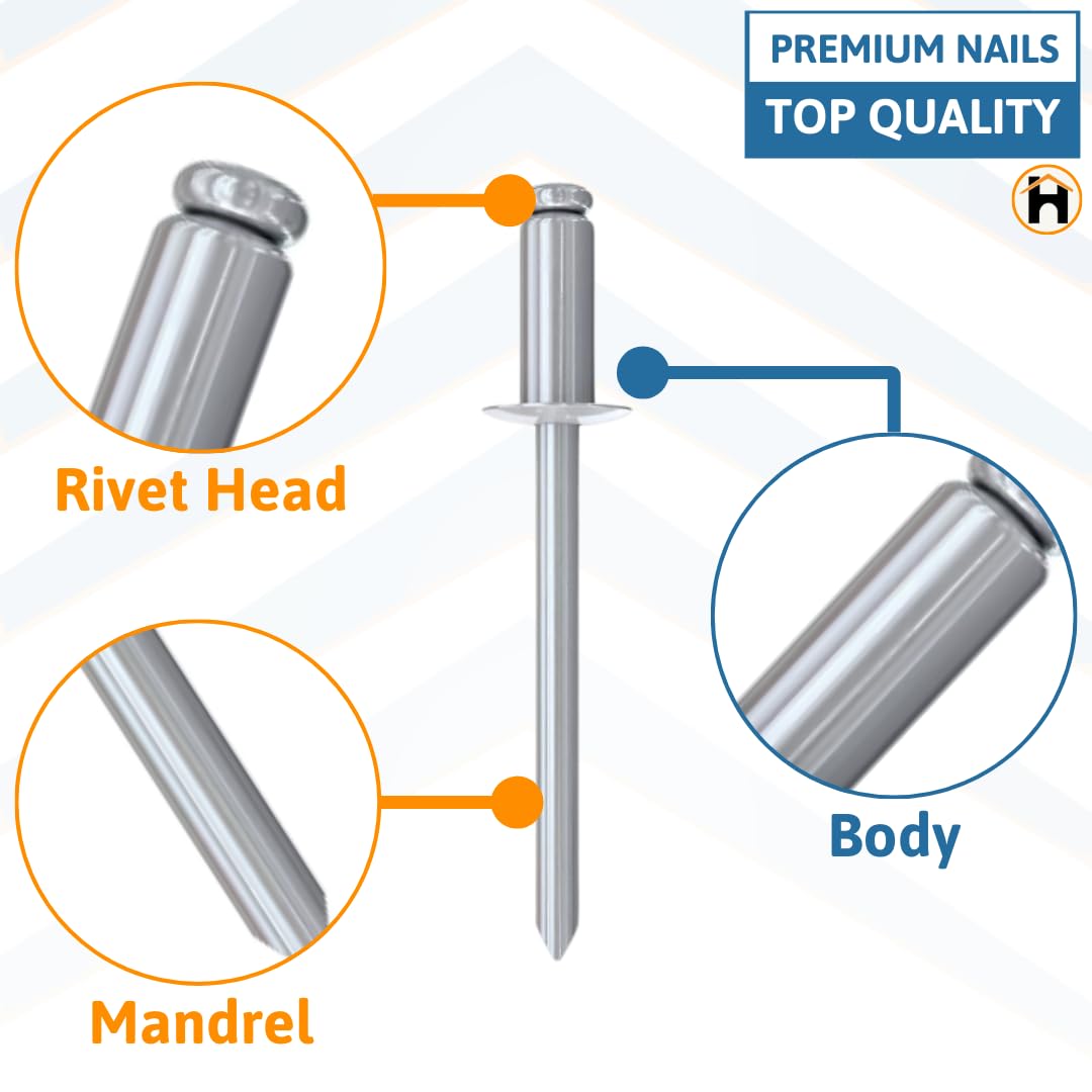 Homdum Aluminium Blind Rivet - Metal POP Rivets for Riveting Gun/Riveter machine Pack of 100 Pieces. (4.0 x 12)