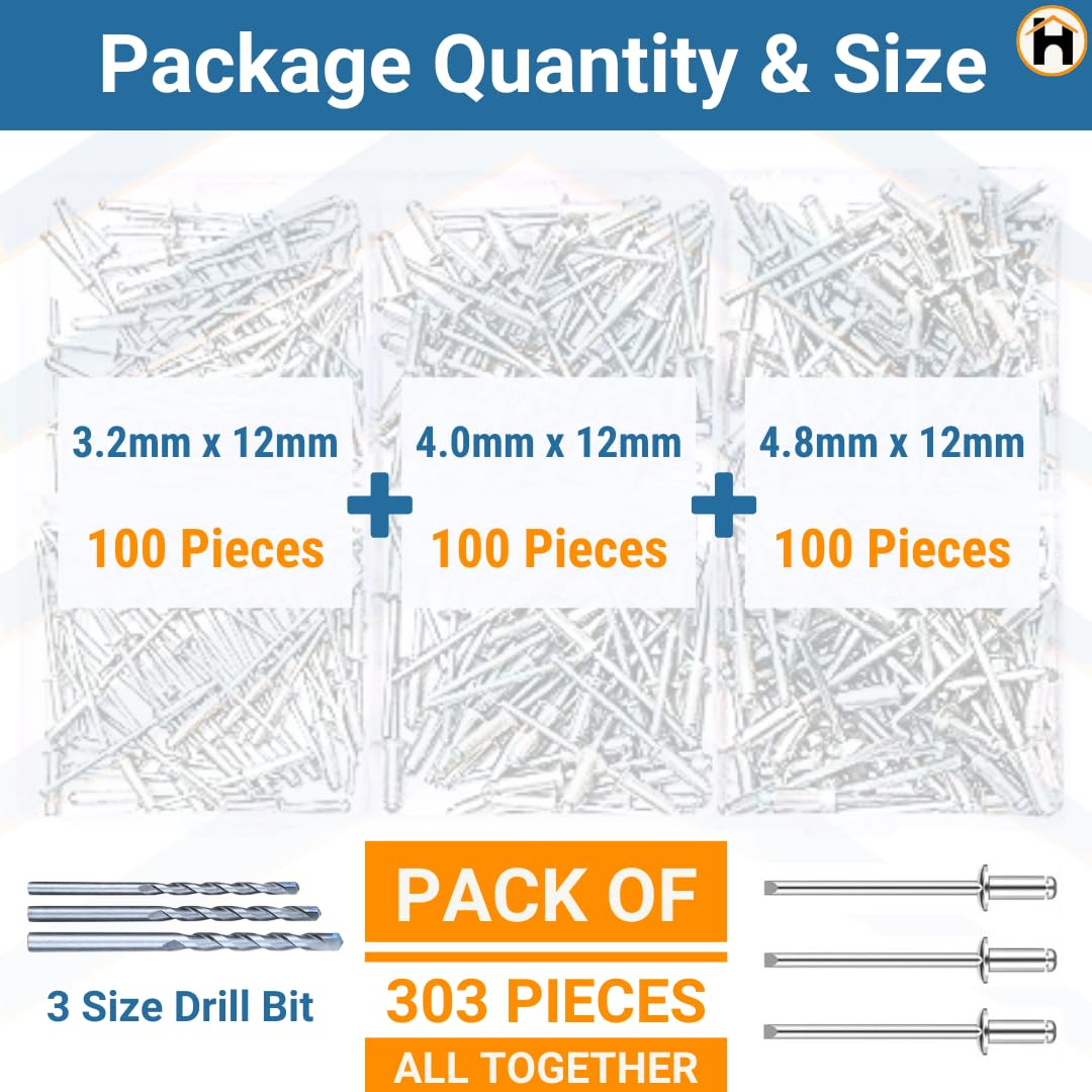 Homdum Aluminium Blind Rivet - Metal POP Rivets for Riveting Gun/Riveter machine Pack of 100 Pieces. (4.0 x 12)