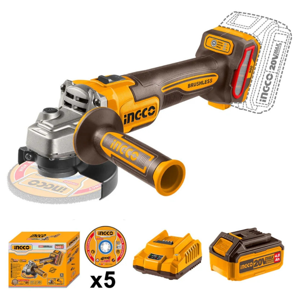 INGCO  Cordless Angle Grinder – 20V Brushless 100mm Power Grinder - CAGLI261021