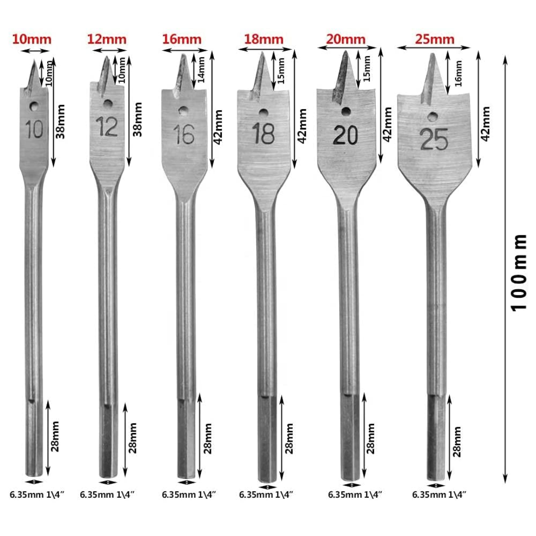 6 PCS 10MM TO 25 MM FLAT DRILL BIT SET