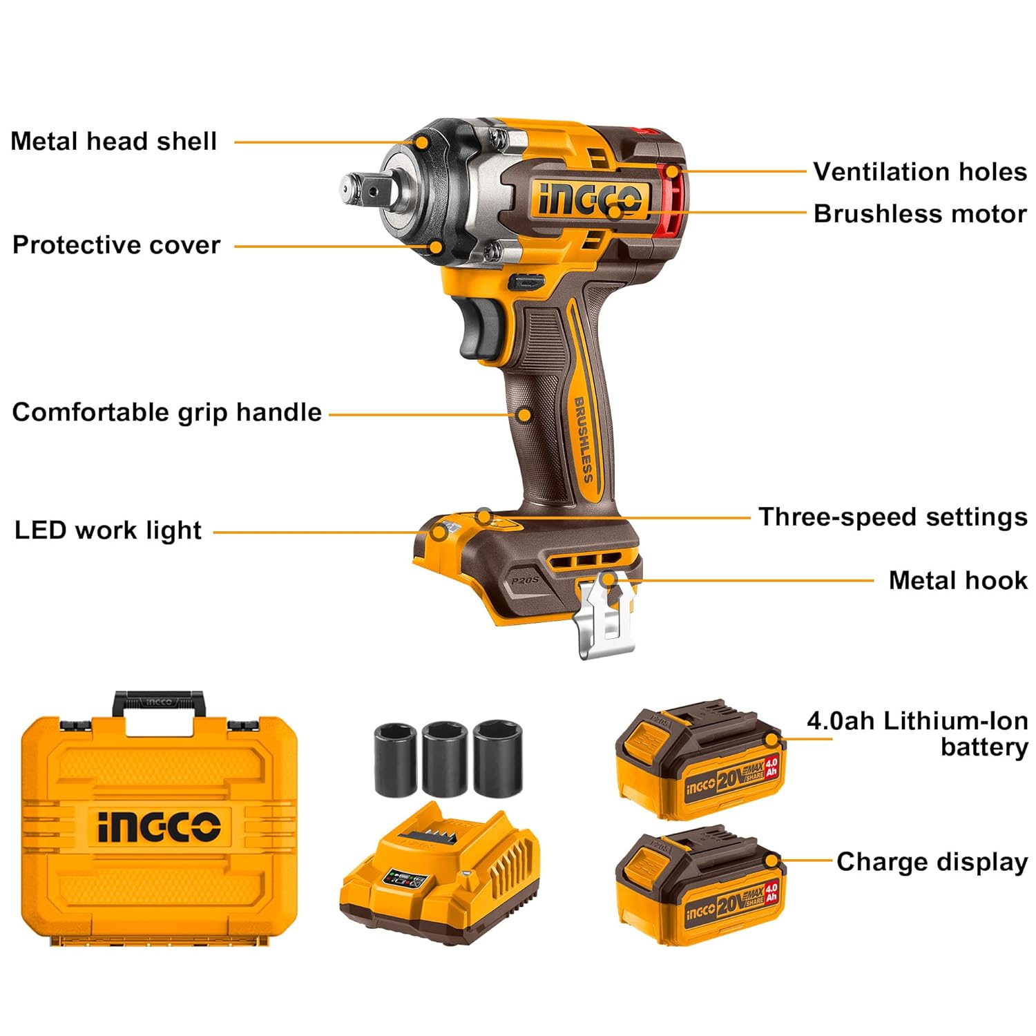 INGCO  20V Cordless Brushless Impact Wrench – 500Nm Heavy Duty Tool - CIWLI2050