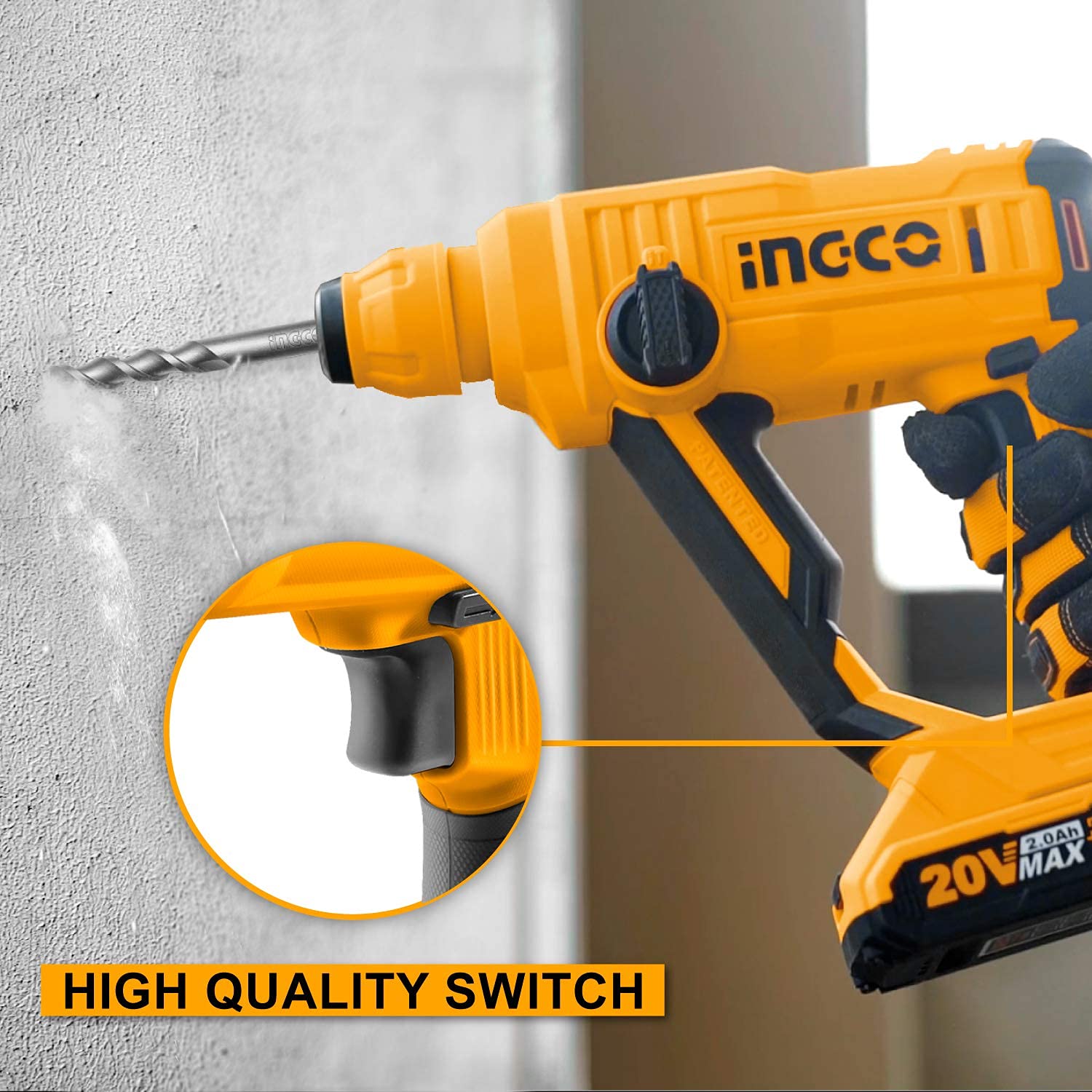 INGCO 20 V 900 RPM Lithium-Ion Cordless Rotary Hammer (CRHLI1601)