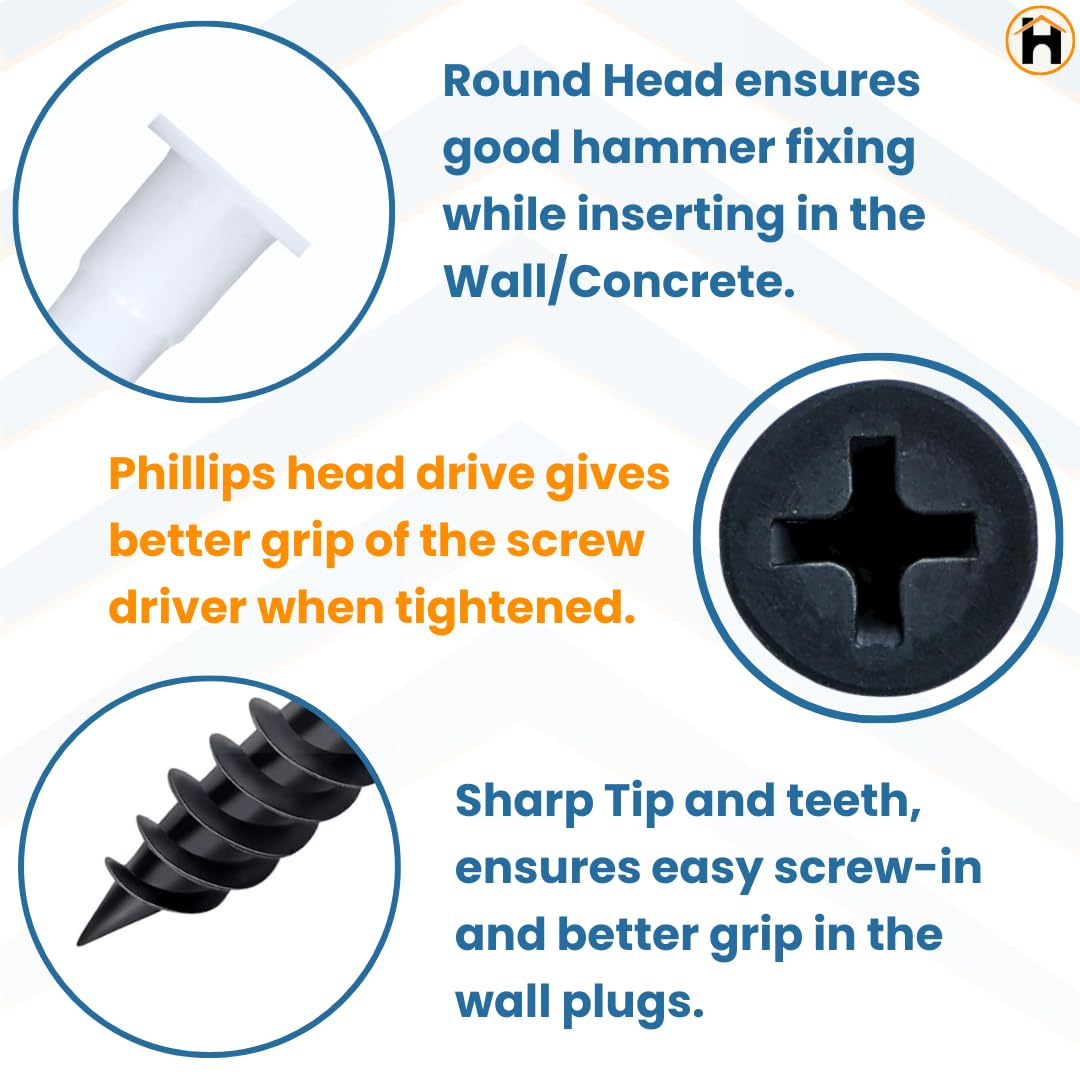 HOMDUM Nylon Plug with Screws 2 Inch (50 mm) Pack of 60 – Wall Fixing Fasteners with Plastic Sleeves & Drywall Screws