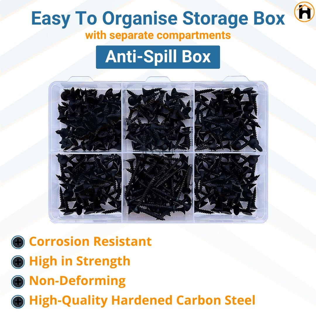 HOMDUM Assorted Black Dry Wall Screws 6 Sizes (13 mm to 50 mm) with PH2 Bit – Pack of 451 Pieces