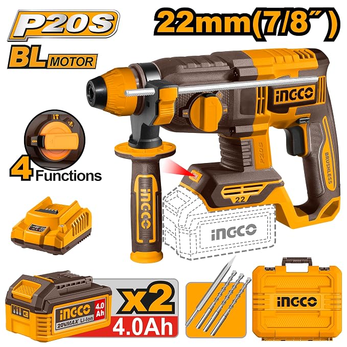 INGCO 20V Brushless Cordless Rotary Hammer Drill Kit - CRHLI202682