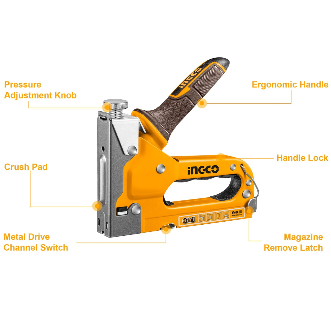 INGCO  3 in 1 Staple Gun – Heavy Duty Manual Stapler for Upholstery, Wood & DIY Use - HSG1405
