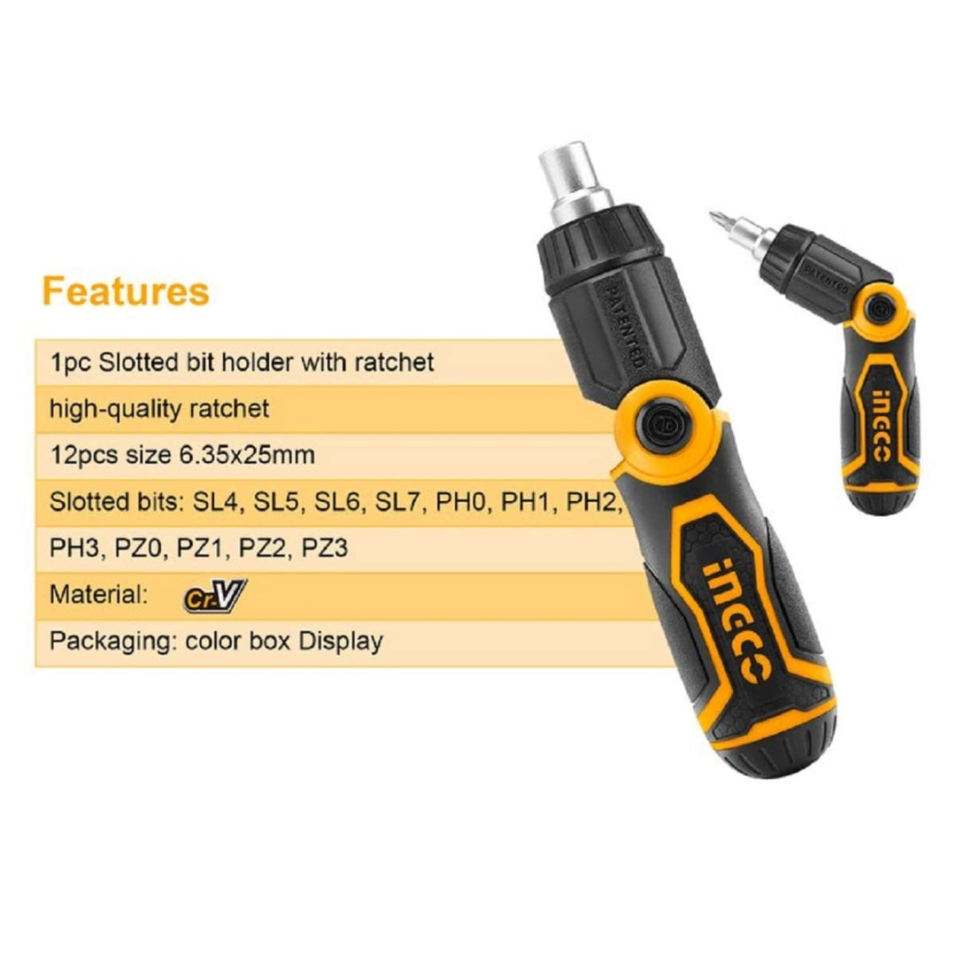 INGCO AKISD1208 13-in-1 Ratchet Screwdriver Set with Folding Handle & CR-V Bits - AKISD1208
