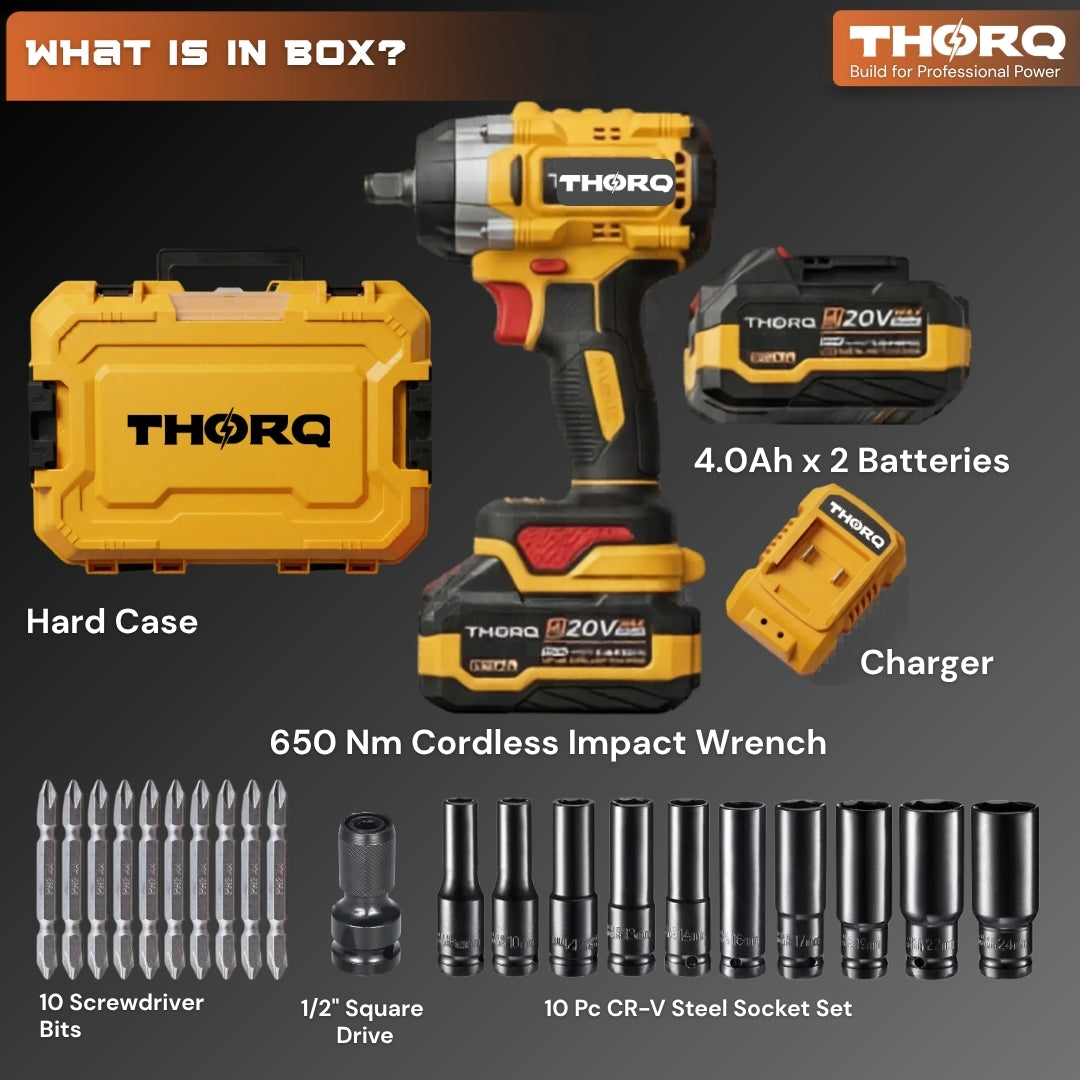 THORQ  20V Cordless Impact Wrench 650Nm with 2 Batteries & Socket Set - TCIW0650