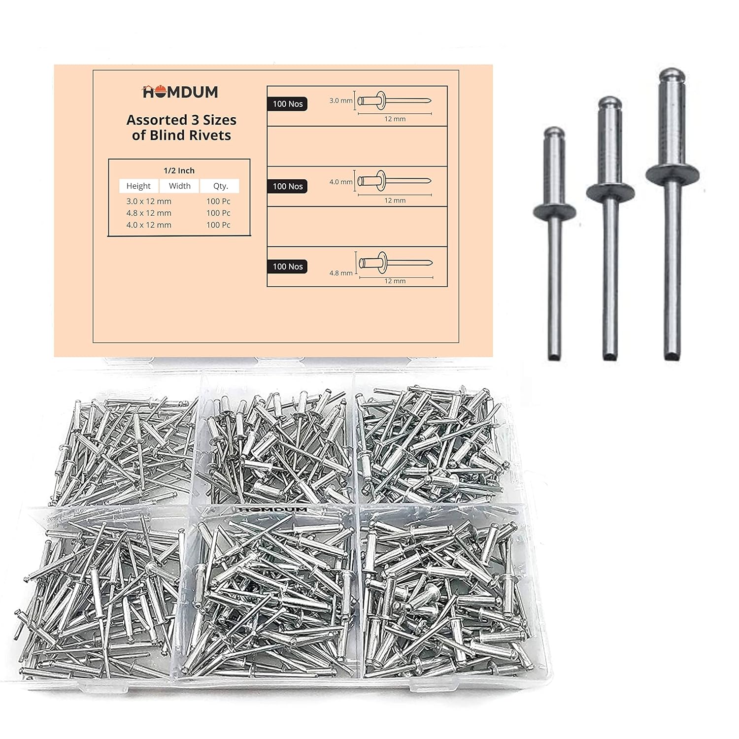 Homdum Aluminium Blind Rivet - Metal POP Rivets for Riveting Gun/Riveter machine Pack of 100 Pieces. (4.0 x 12)