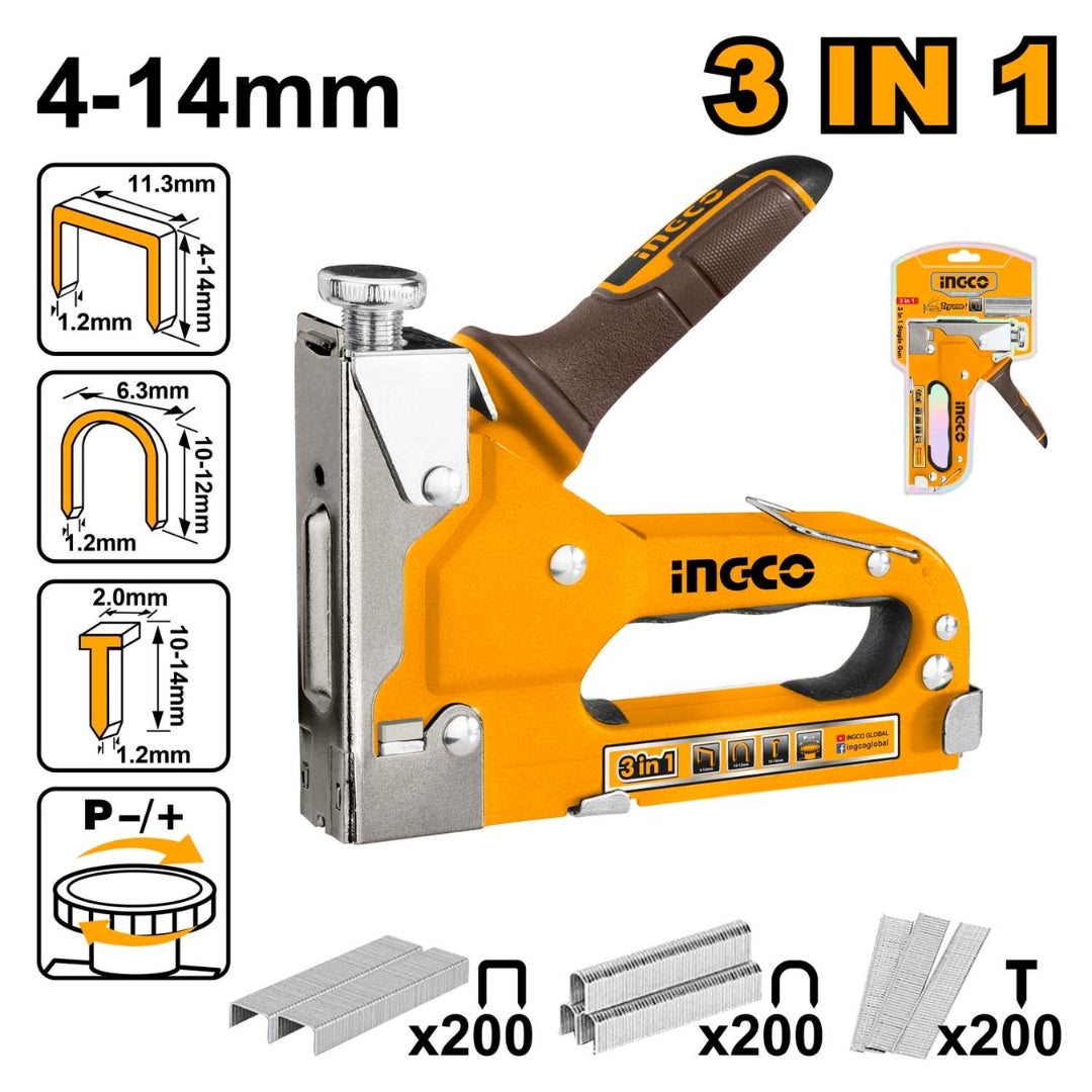 INGCO  3 in 1 Staple Gun – Heavy Duty Manual Stapler for Upholstery, Wood & DIY Use - HSG1405