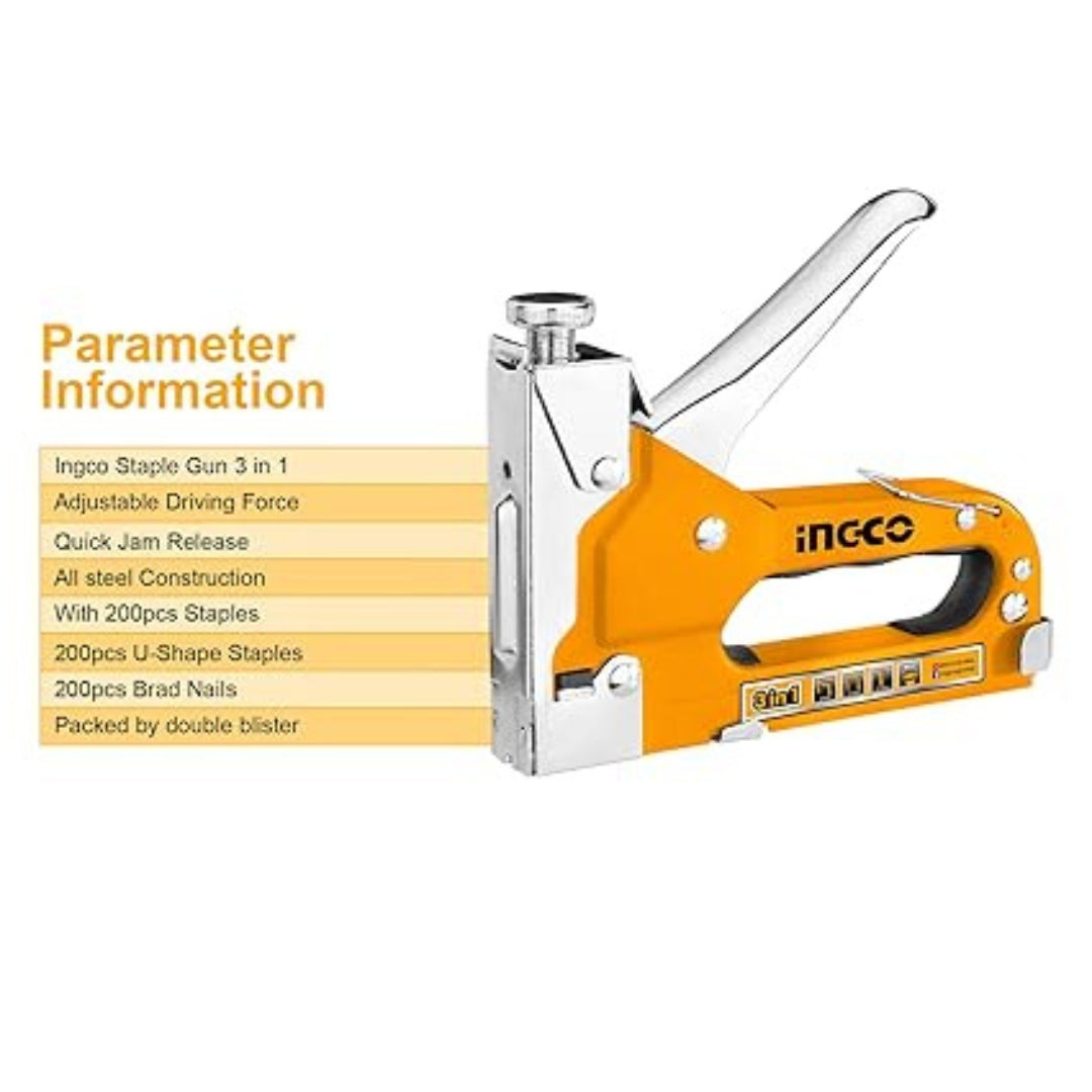 INGCO  3 in 1 Staple Gun – Heavy Duty Manual Stapler for Upholstery, Wood & DIY Use - HSG1405