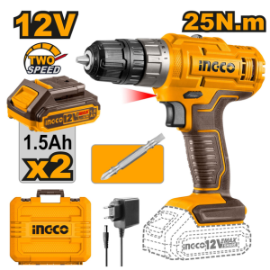 Ingco 12V Cordless Drill With 2 Pcs Batteryies, Charger, Plastic Chuck, 1 Pcs Drill Bit, 25Nm, 1500 Rpm, 0.8-10Mm, 5+1 Torque, Variable Speed, Led, Yellow,Brown CDLI1228