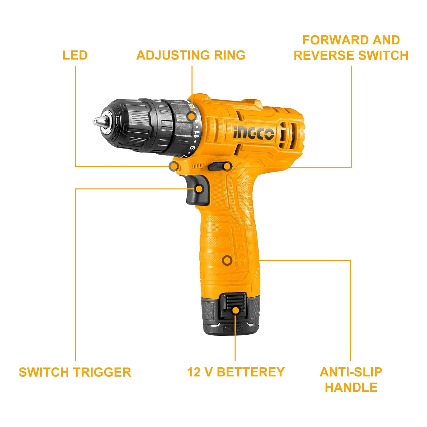 Ingco CDLI12415 12V 1.3Ah S12 Li-ion Cordless Drill Driver