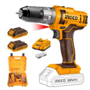 INGCO 54Pcs Impact Drill Machine Kit,20V Lithium-Ion Impact Drill Machine,Auto-Lock Keyless Chuck,Spindle Lock Function,45Nm,18+1+1,Hammer Drill Kit With 2*2.0Ah Batteries,1 Fast Charger, 3 drill bits  CIDLI201452