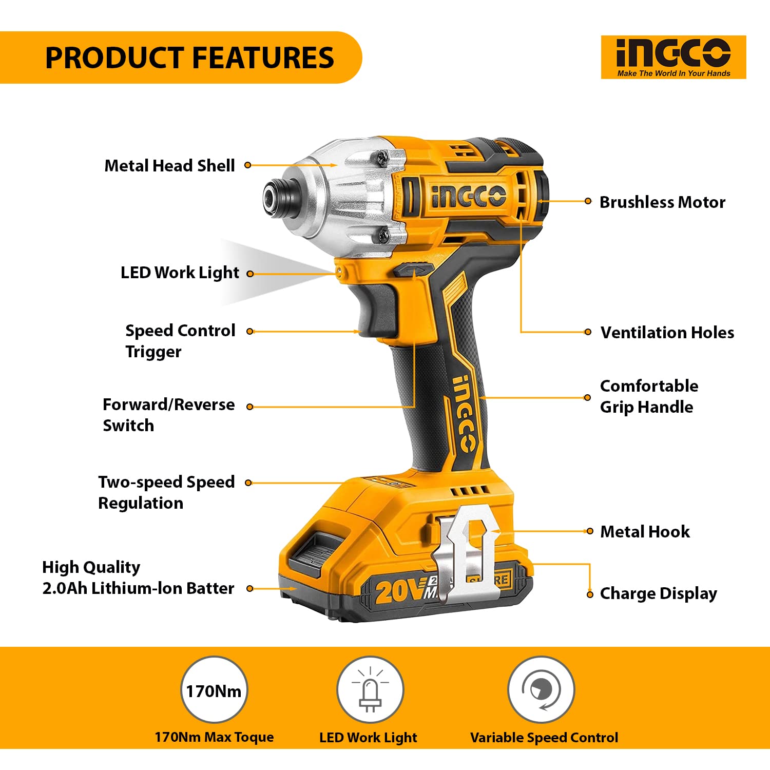 INGCO  20V Lithium-Ion Impact Wrench, CIRLI2002