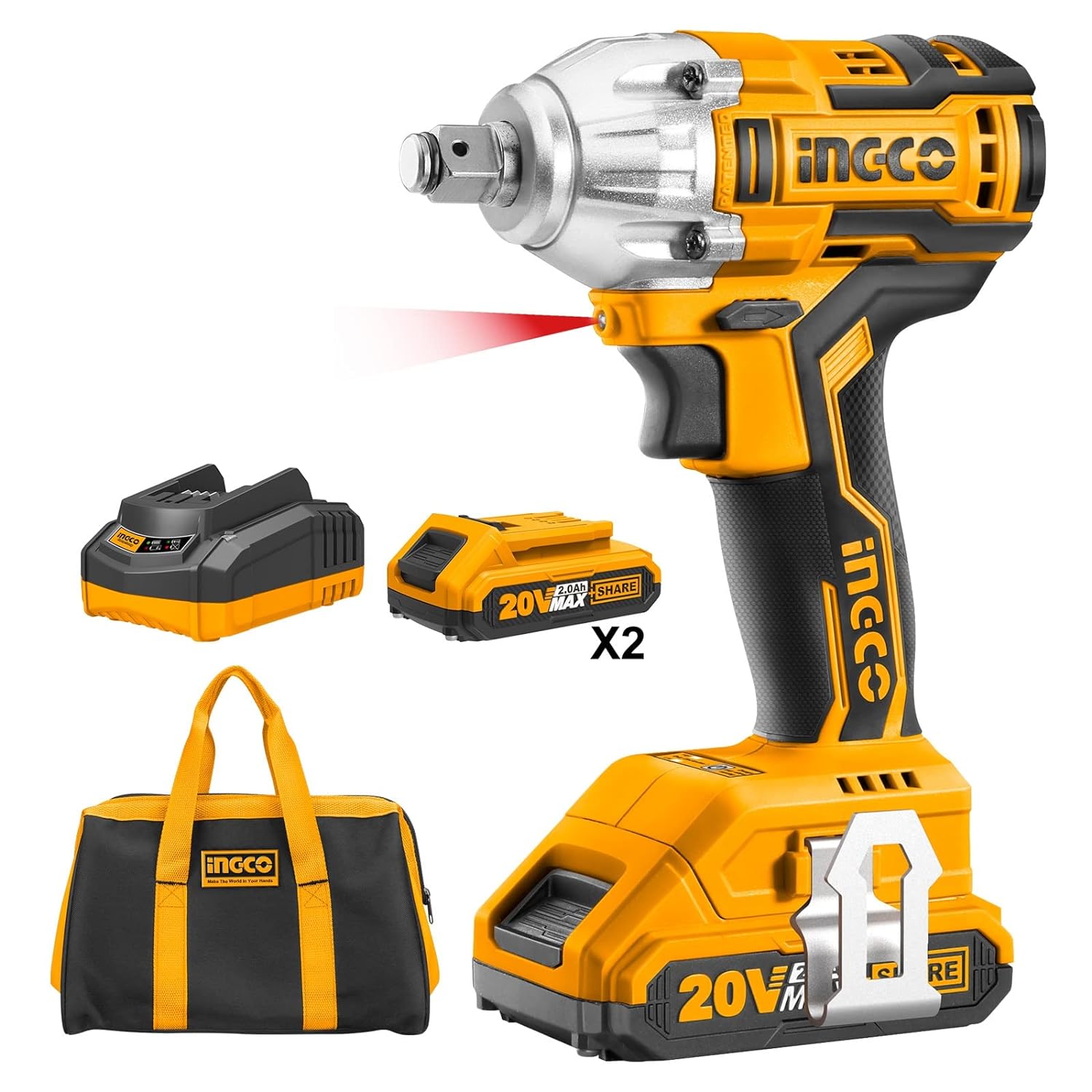 Ingco CIWLI2001 Lithium-Ion Impact Wrench Cordless Design Driver Kit with 2 Pieces Battery Pack High Torque Power Control System with LED Light for Home & Industrial Use