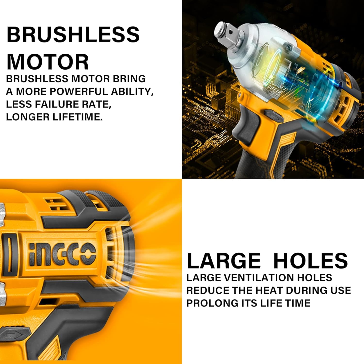 Ingco Cordless Impact Wrench, Brushless Motor, 1/2" | 300Nm With 2 Pcs Sockets, 2 Pcs Batteries, 1 Pcs Charger - Fixed Square CIWLI2038