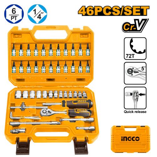 INGCO  46 Pcs 1/4" Drive Socket Set – 72T Quick Release Ratchet - HKTS14462