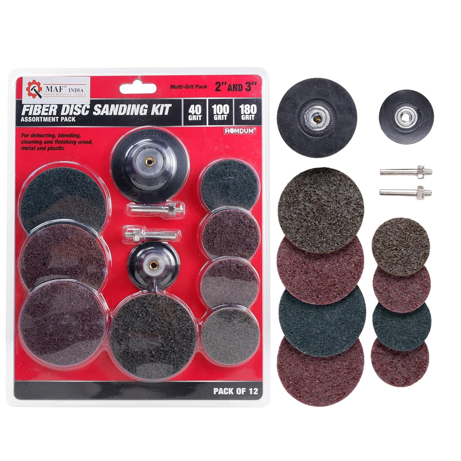 Homdum Fiber Disc Sanding Kit Assortment 2"and 3" For Die Grinder And Drill Machine Shank 1/4" 40,100,180 Grite