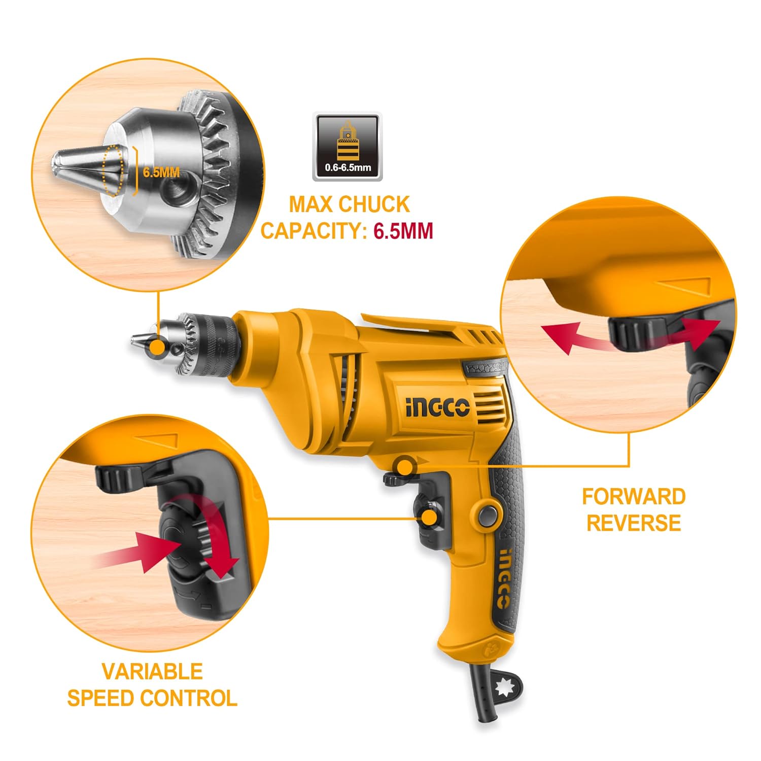 INGCO Corded Electric Drill, 450W| 0-4300rpm | 6.5mm | Variable Speed | Froward/Reverse Switch Handheld Electric Drill, Drill Machine for Drilling, Installing, Repairing, Disassembling, Tightening ED4508