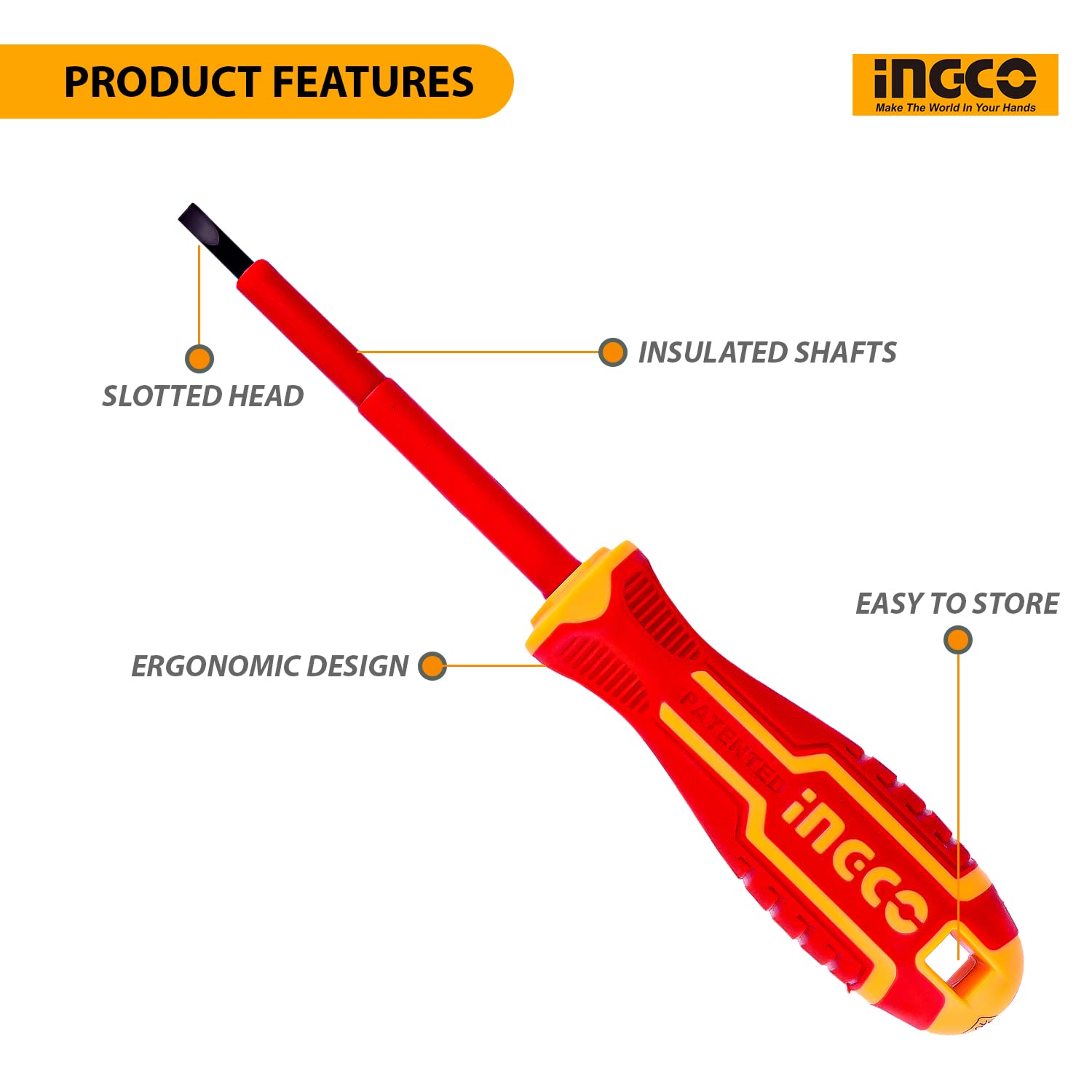 INGCO HISD81PH2100 Insulated Screwdriver 1/4 Inch Repair Tool Cushion Grip Handle Flat Head Tip for Home & Industrial Use Red/Yellow