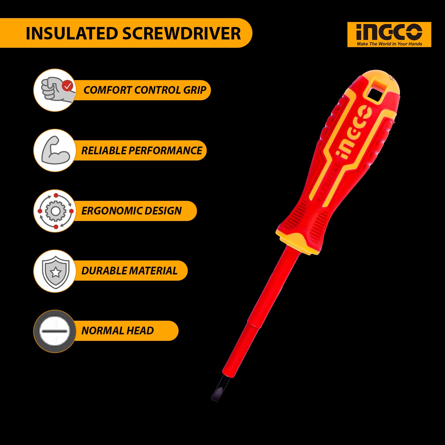 INGCO HISD81PH2100 Insulated Screwdriver 1/4 Inch Repair Tool Cushion Grip Handle Flat Head Tip for Home & Industrial Use Red/Yellow