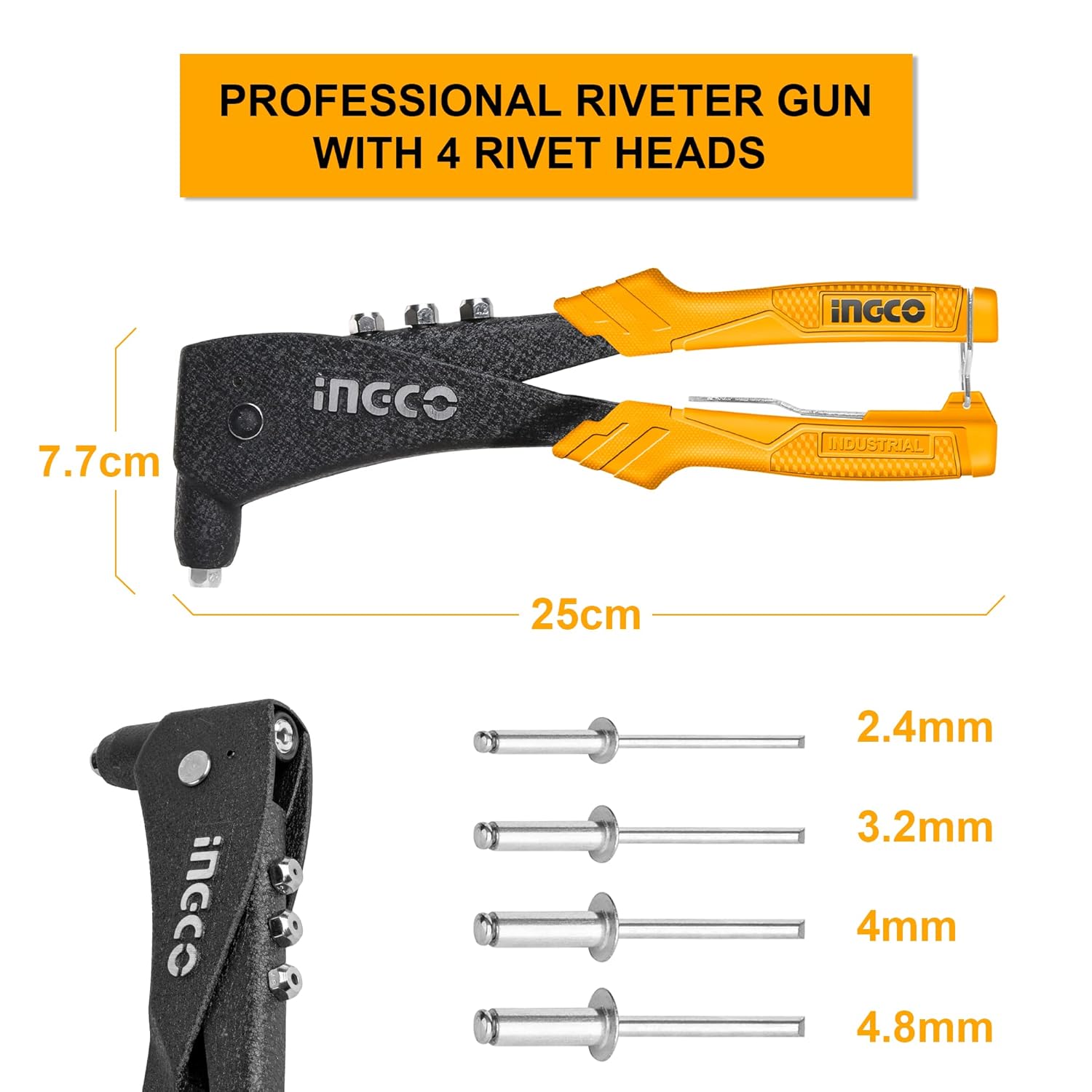 INGCO HR105 Hand Riveter, Aluminium Alloy Body, Heavy-Duty Hand Riveter, Applicable 4 Size Rivet Heads(Not Include), Hand Riveter Set for Metal - Free Interchangeable Heads (1 Set)