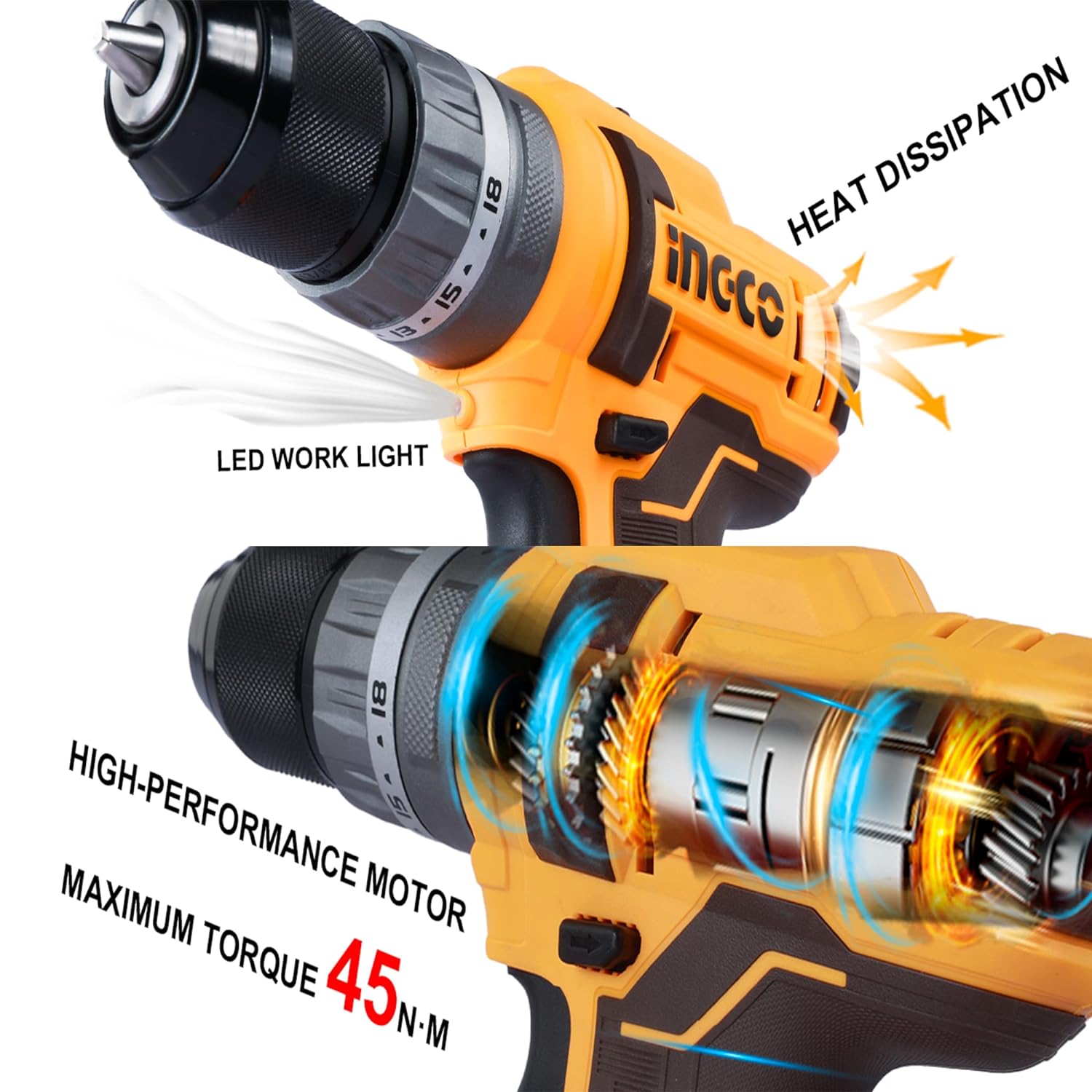 INGCO 54Pcs Impact Drill Machine Kit,20V Lithium-Ion Impact Drill Machine,Auto-Lock Keyless Chuck,Spindle Lock Function,45Nm,18+1+1,Hammer Drill Kit With 2*2.0Ah Batteries,1 Fast Charger, 3 drill bits  CIDLI201452