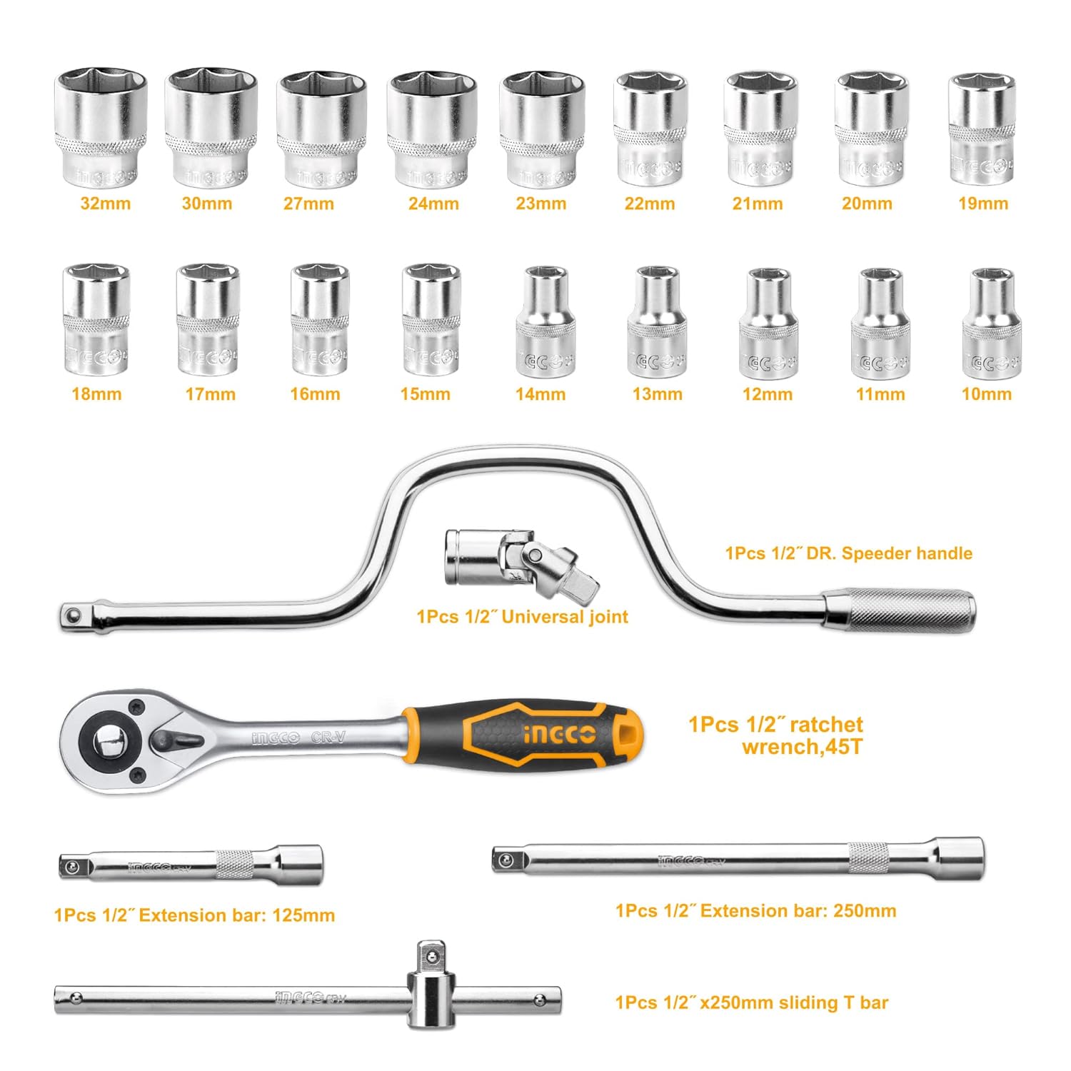 INGCO HKTS0243 24Pcs 1/2" Socket Set, 18pcs 1/2" CRV DR. Sockets, Extension Bar, Universal Joint, Sliding T Bar, Speeder Handle, Quick Ratchet Handle, Hand Tools Set with Metal Box (1 Set)