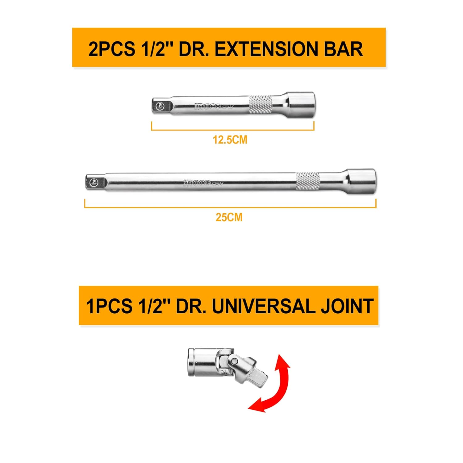 INGCO HKTS0243 24Pcs 1/2" Socket Set, 18pcs 1/2" CRV DR. Sockets, Extension Bar, Universal Joint, Sliding T Bar, Speeder Handle, Quick Ratchet Handle, Hand Tools Set with Metal Box (1 Set)