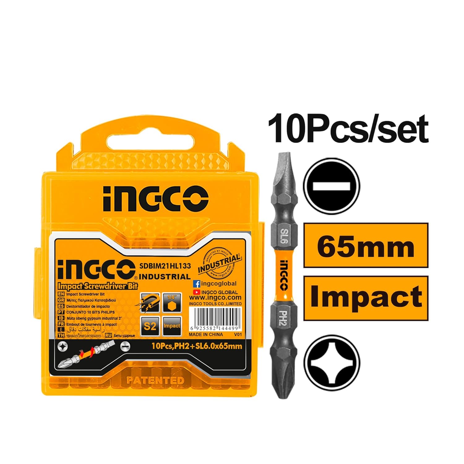 INGCO Impact Screwdriver Bit, PH2+SL 6.0 * 1.0 65mm, 10 PCS PACK, S2 Industrial Steel, Black surface with magnet SDBIM21HL133