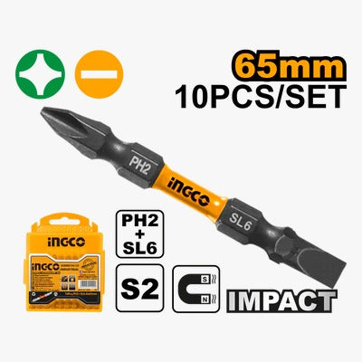 INGCO Impact Screwdriver Bit, PH2+SL 6.0 * 1.0 65mm, 10 PCS PACK, S2 Industrial Steel, Black surface with magnet SDBIM21HL133