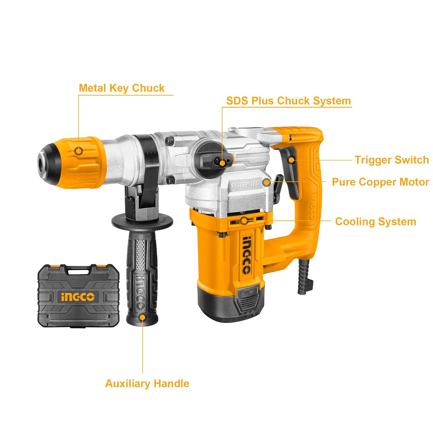 INGCO Rotary Hammer SDS-Plus Chuck Heavy Duty Rotary 5J with Vibration Control Hammer Drill, 1250W | 3800bpm, 6 drills and 2 chisels with Case, Yellow, Black