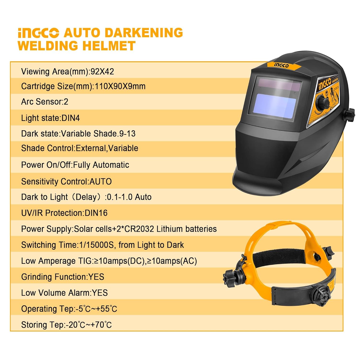 Ingco 92 x 42 mm Auto Darkening Welding helmet