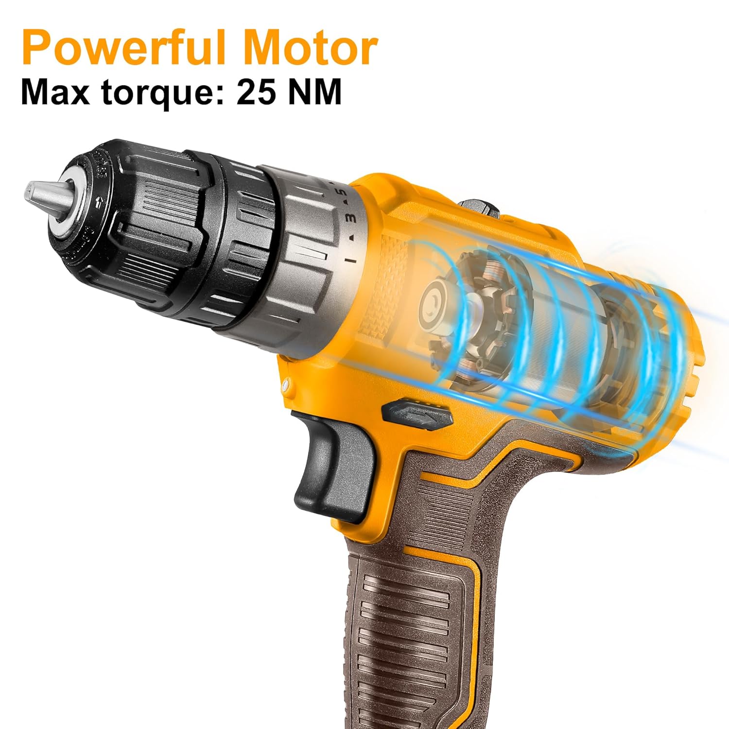 Ingco 12V Cordless Drill With 2 Pcs Batteryies, Charger, Plastic Chuck, 1 Pcs Drill Bit, 25Nm, 1500 Rpm, 0.8-10Mm, 5+1 Torque, Variable Speed, Led, Yellow,Brown CDLI1228