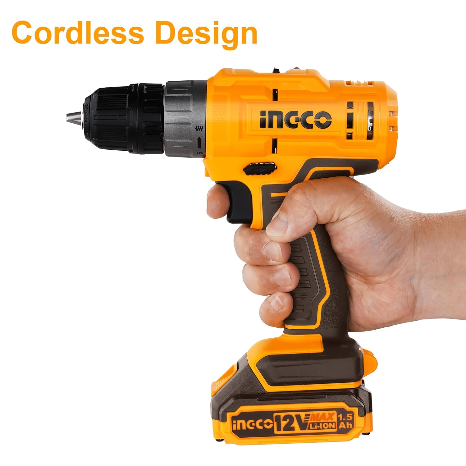Ingco 12V Cordless Drill With 2 Pcs Batteryies, Charger, Plastic Chuck, 1 Pcs Drill Bit, 25Nm, 1500 Rpm, 0.8-10Mm, 5+1 Torque, Variable Speed, Led, Yellow,Brown CDLI1228