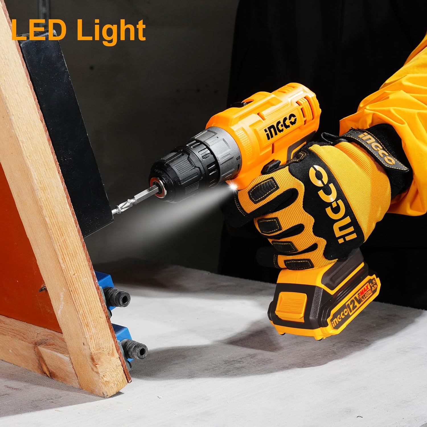 Ingco 12V Cordless Drill With 2 Pcs Batteryies, Charger, Plastic Chuck, 1 Pcs Drill Bit, 25Nm, 1500 Rpm, 0.8-10Mm, 5+1 Torque, Variable Speed, Led, Yellow,Brown CDLI1228
