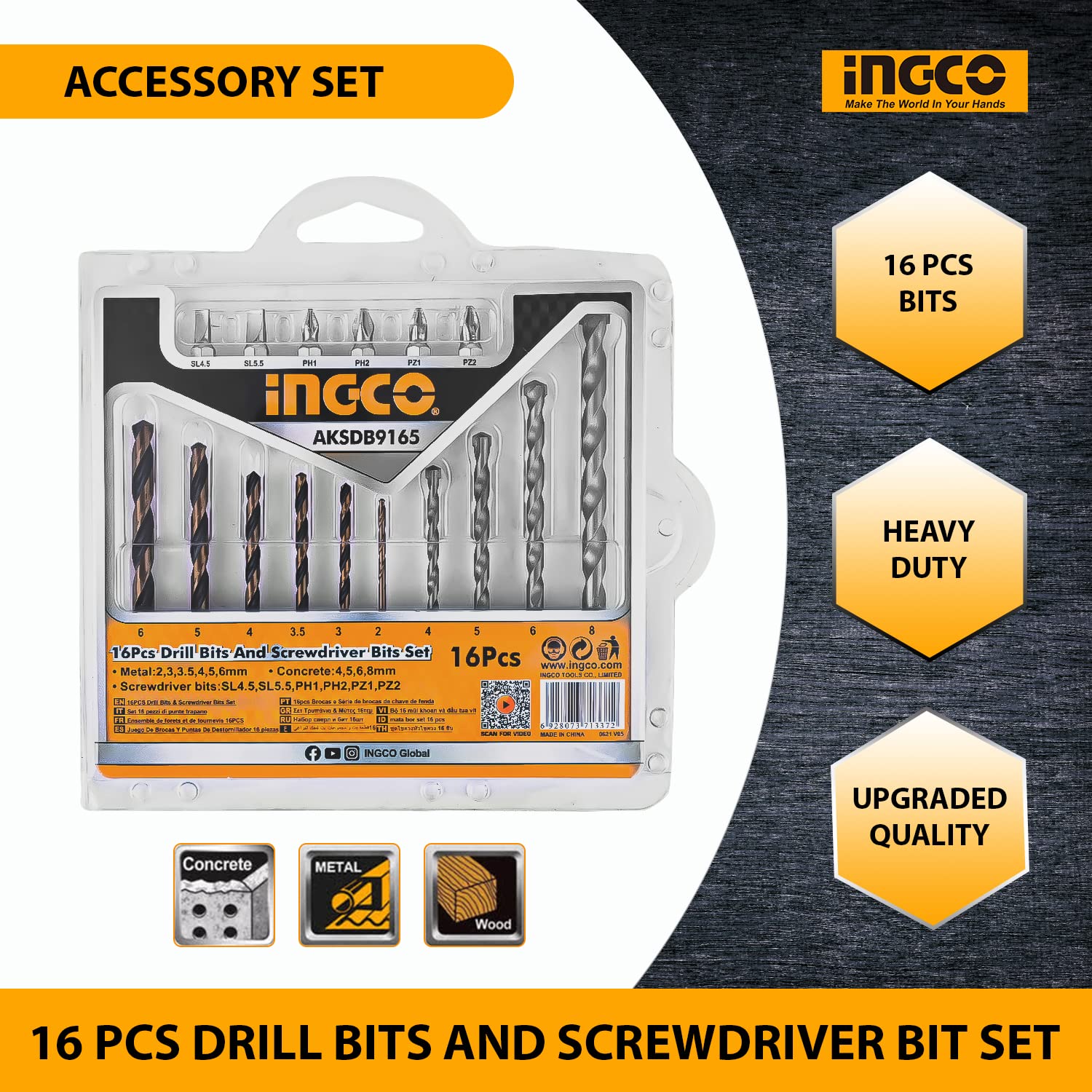 Ingco 16PCS Drill Bits Set & Screwdriver Bits Set (AKSDB9165)