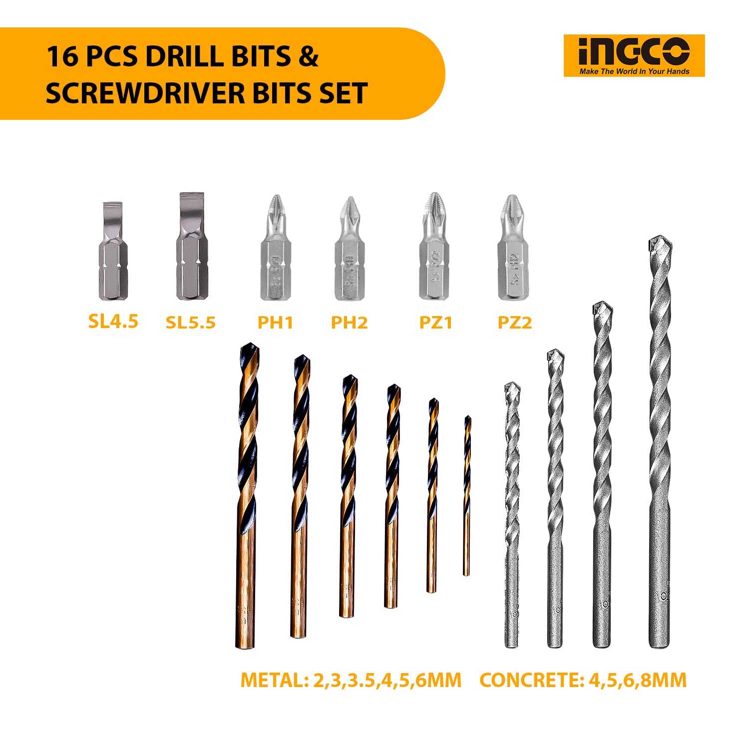 Ingco 16PCS Drill Bits Set & Screwdriver Bits Set (AKSDB9165)