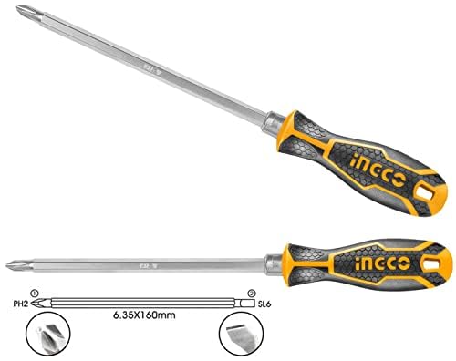 Ingco 2 IN 1 Screwdriver Set, CR-V | 6.35X160MM, PH2+SL6, Screwdriver Kit for Home Use, Screwdriver with Hanging Hole Design with 1pcs Interchangeable Handle AKISD0201