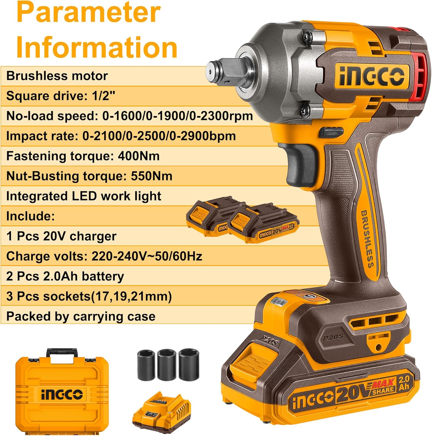 Ingco Brushless Impact Wrench 400NM Nut-Busting Torque: 550Nm, 1/2" 20V Cordless Impact Gun, Variable Speed 2300RPM, 2900BPM with 2Pcs 2.0Ah Battery and 1Pcs Charger CIWLI2040