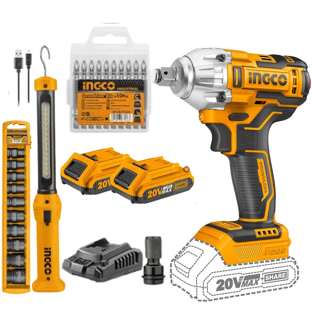 Ingco COSLI23011 Lithium-Ion Cordless 2 Pcs Combo Kit - 20V Impact Wrench and Work Lamp