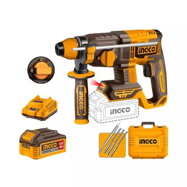INGCO CRHLI212282 20V Cordless Rotary Hammer Drill SDS Plus | 2.0J Impact Energy | With Battery & Charger