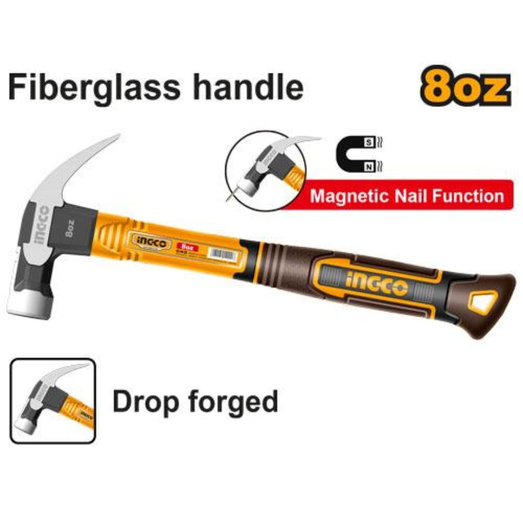 INGCO  8oz Claw Hammer – Fiberglass Handle Magnetic Hammer -  HCH81008