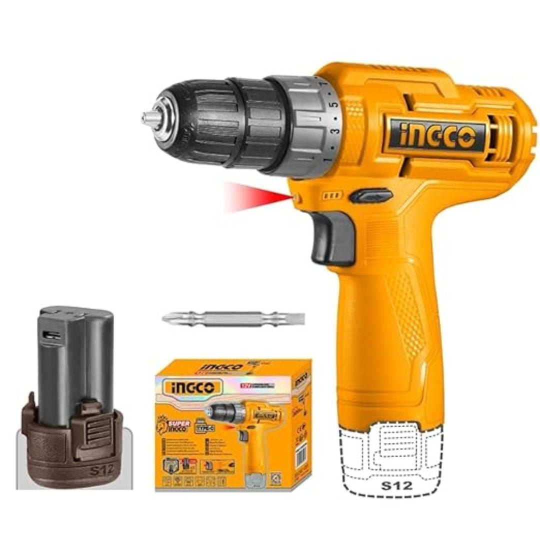 INGCO 12V Cordless Drill – 20Nm Compact Drill Machine with USB Type-C Charging - CDLI12456