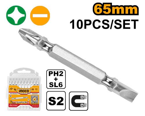 INGCO Screwdriver Bit, PH2+SL6, 65 mm, 10 PCS PACK, S2 Industrial Steel, Nickle Plated Megnetic